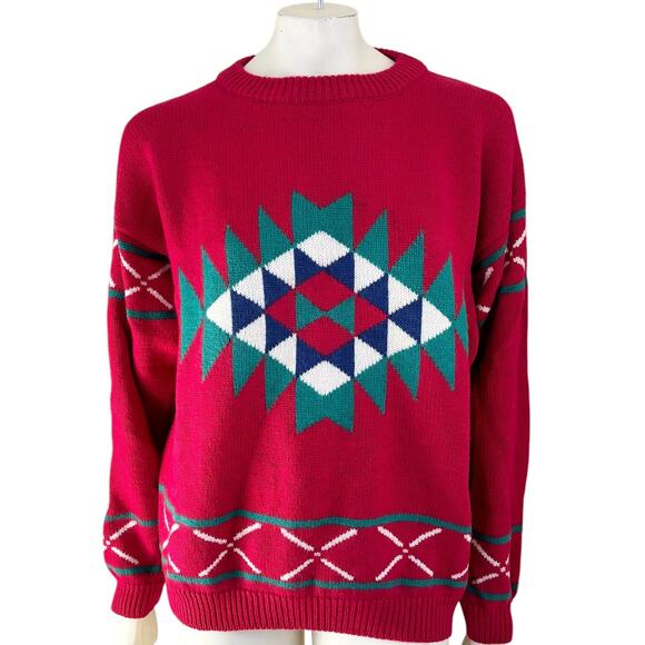 VTG MIGHTY MAC Wool Cotton Ski Lodge Crew Neck Sweater in Red SZ L - Picture 2 of 11